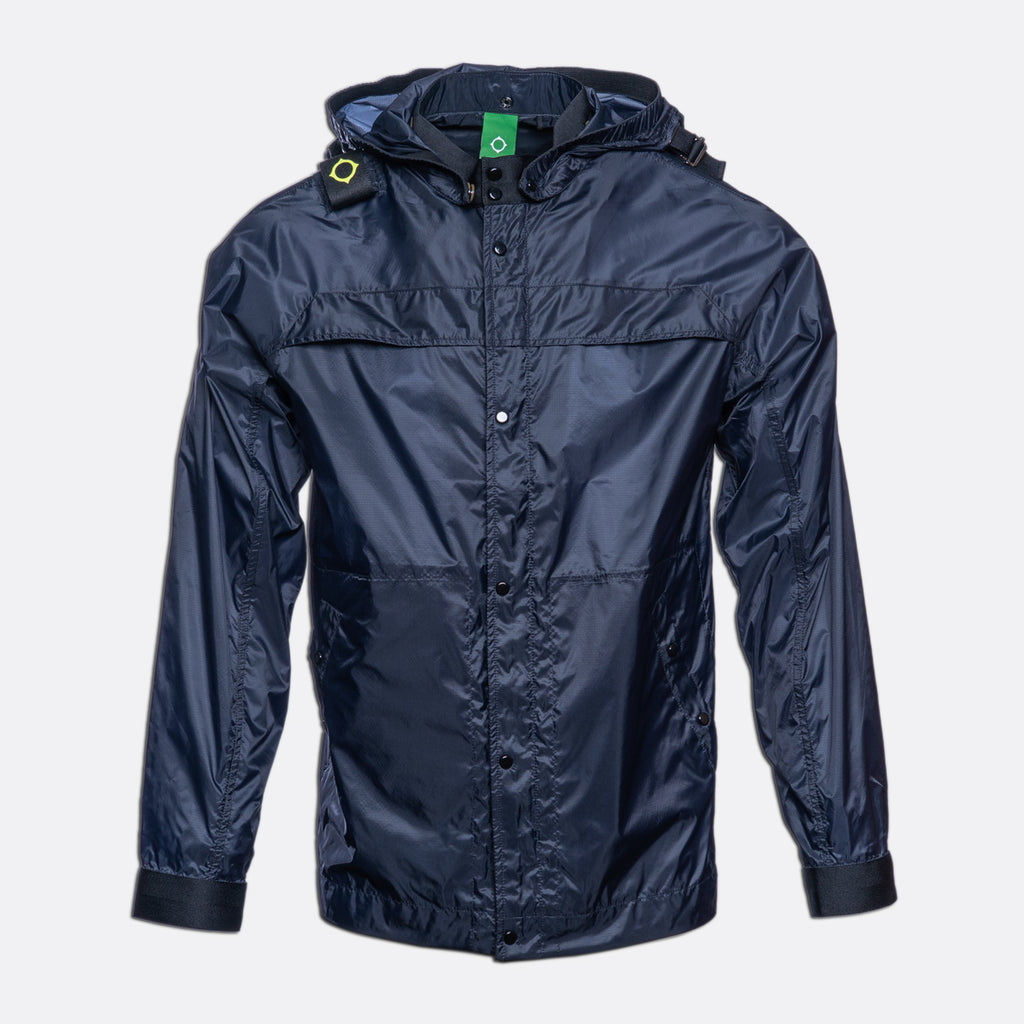 A navy blue hooded rain jacket with a button-up front, shown on a light gray background. MA.Strum Jacket available at Sakks Menswear in Southampton.