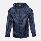 A navy blue hooded rain jacket with a button-up front, shown on a light gray background. MA.Strum Jacket available at Sakks Menswear in Southampton.