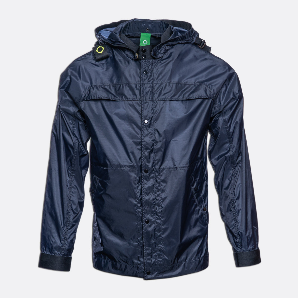 A navy blue hooded rain jacket with a button-up front, shown on a light gray background. MA.Strum Jacket available at Sakks Menswear in Southampton.