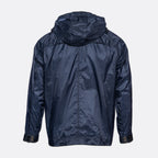 A navy blue hooded jacket shown from the back, featuring a smooth, slightly glossy nylon-like fabric and adjustable button cuffs, set against a plain light gray background. MA.Strum Jacket available at Sakks Menswear in Southampton.