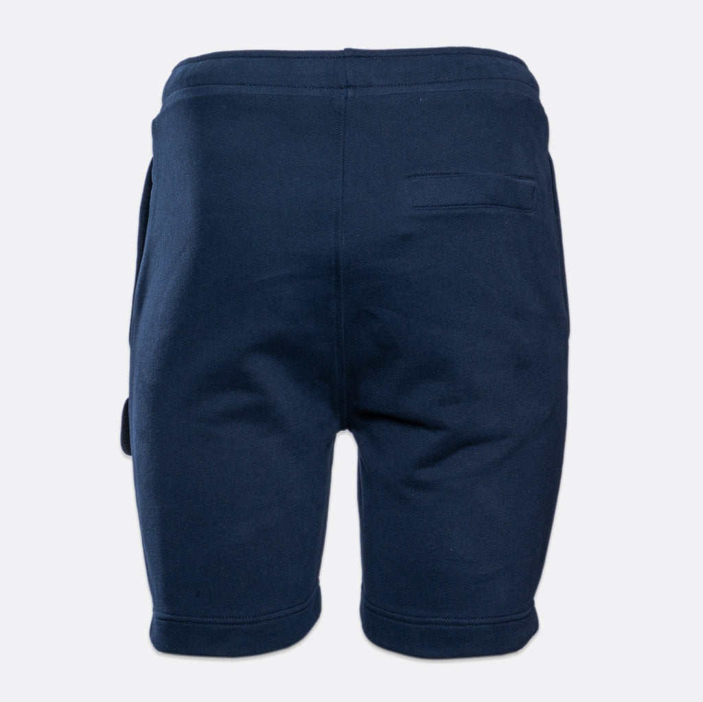 A pair of navy blue sweat shorts shown from the back, featuring a back pocket and ribbed cuffs, on a light gray background. MA.Strum Sweat Shorts available at Sakks Menswear in Southampton.