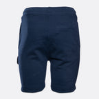 A pair of navy blue sweat shorts shown from the back, featuring a back pocket and ribbed cuffs, on a light gray background. MA.Strum Sweat Shorts available at Sakks Menswear in Southampton.