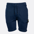 A pair of navy blue sweat shorts with a drawstring waist and a small Stone Island compass logo patch on the lower left leg, shown against a light gray background. MA.Strum Sweat Shorts available at Sakks Menswear in Southampton.