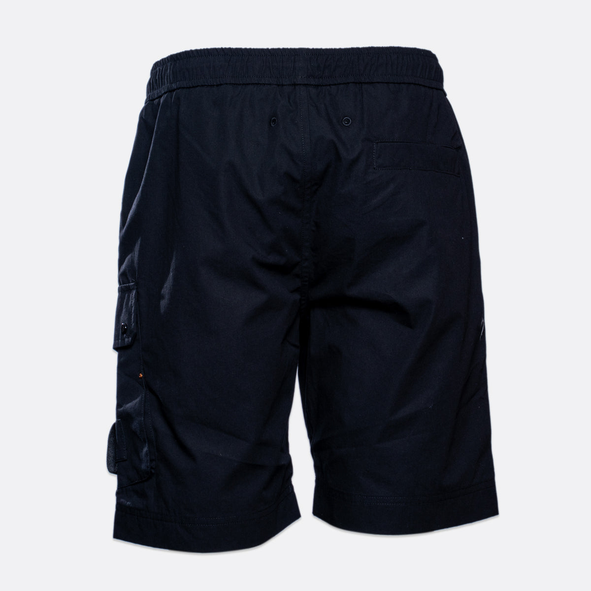 Blackcargo shorts with an elastic waistband, shown from the back on a light gray background. MA.Strum Shorts available at Sakks Menswear in Southampton.