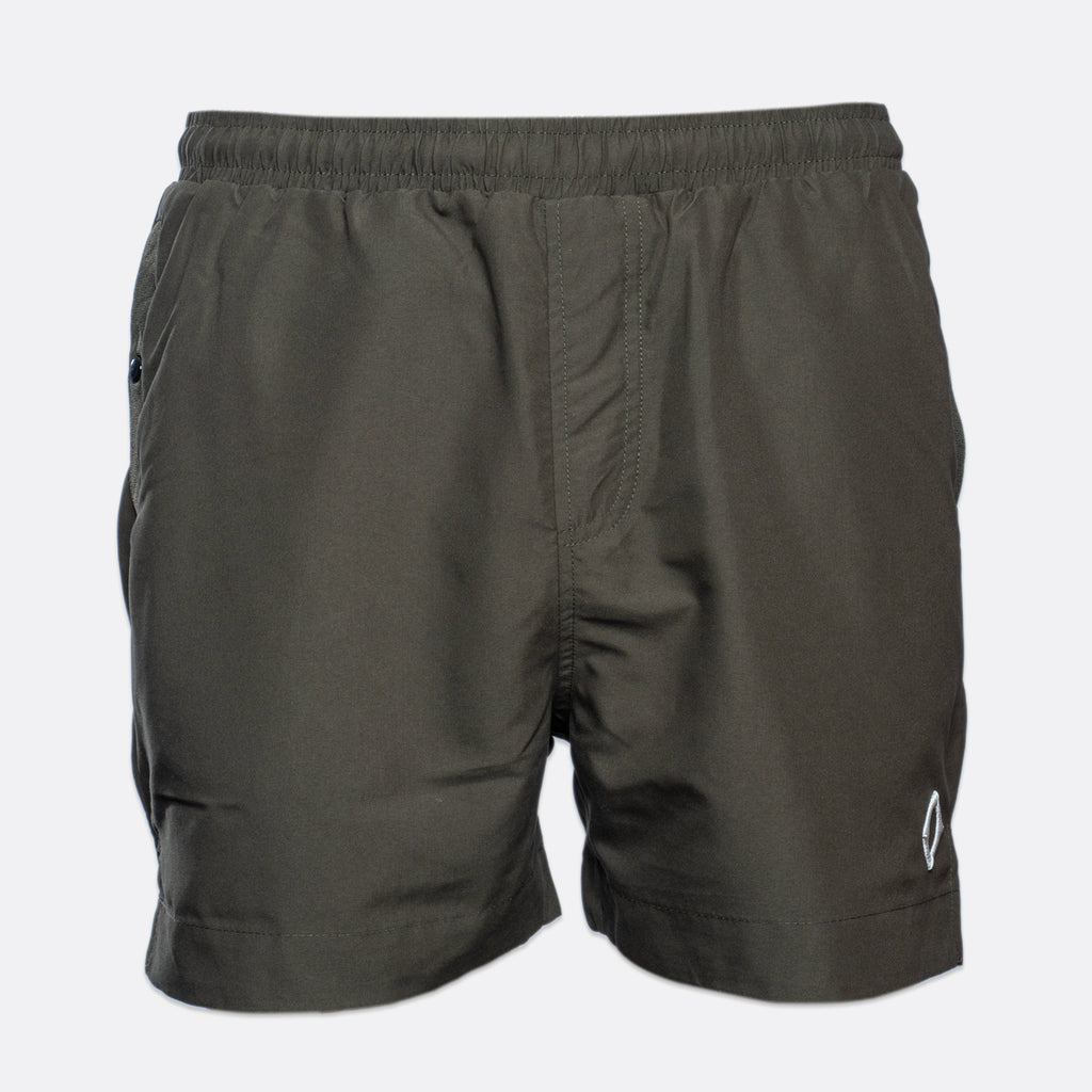 Dark olive green athletic shorts with an elastic waistband and a small white logo on the lower left leg, shown against a light gray background. MA.Strum Swimwear available at Sakks Menswear in Southampton.