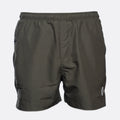 Dark olive green athletic shorts with an elastic waistband and a small white logo on the lower left leg, shown against a light gray background. MA.Strum Swimwear available at Sakks Menswear in Southampton.