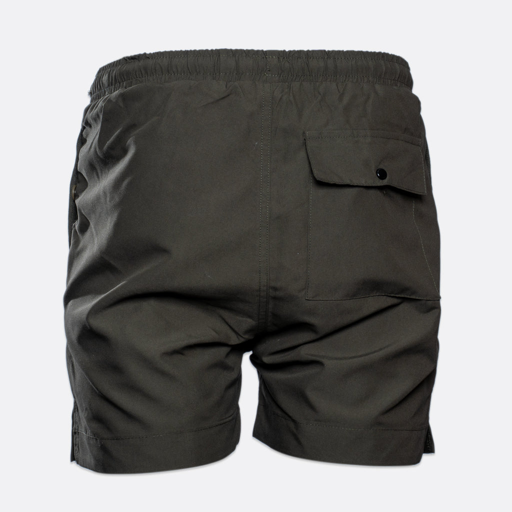 Dark gray cargo shorts shown from the back, featuring an elastic waistband and a buttoned flap pocket on the right side, set against a light gray background. MA.Strum Swimwear available at Sakks Menswear in Southampton.