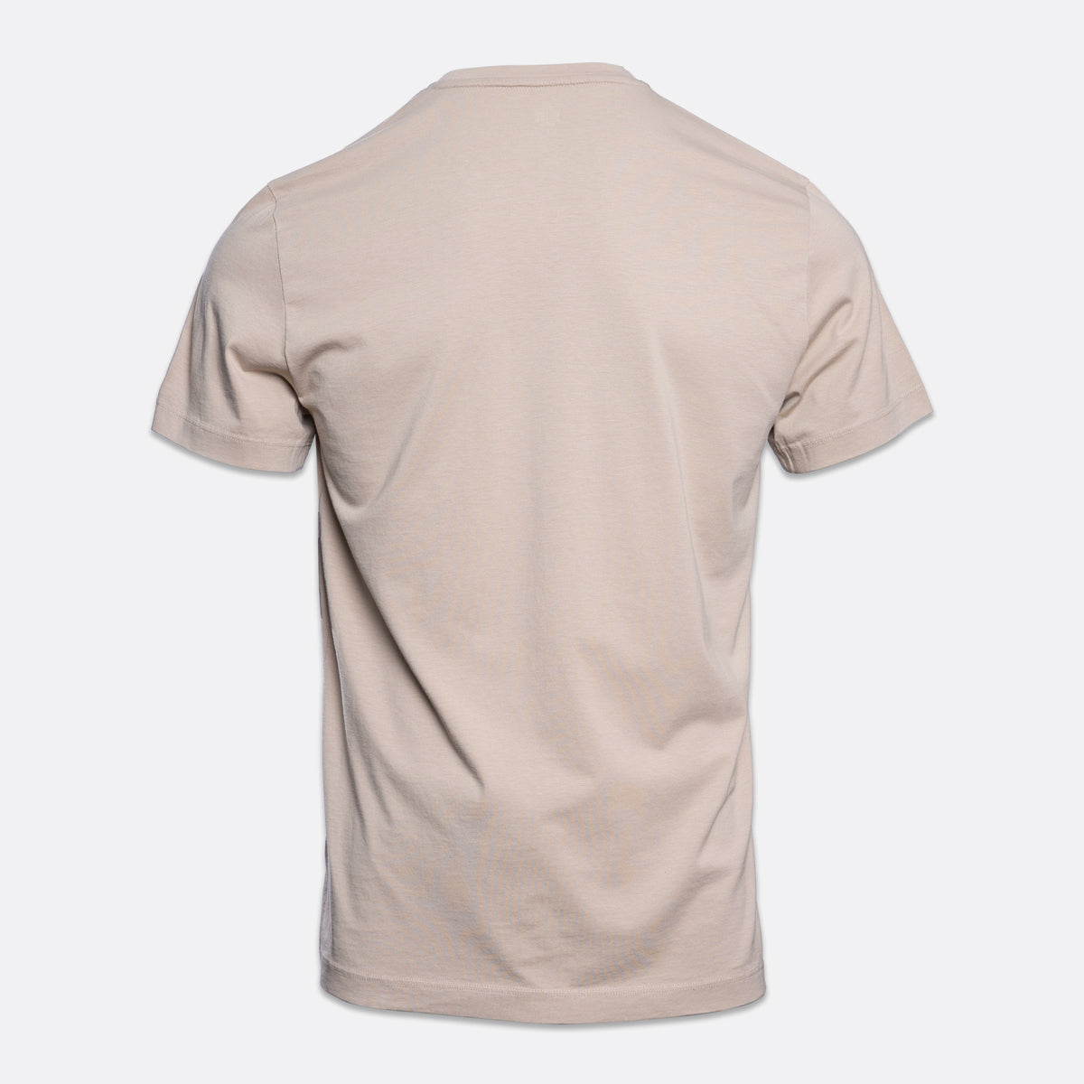 A light beige short-sleeve t-shirt shown from the back, displayed on a clean, light gray background. PAIGE T-Shirt available at Sakks Menswear in Southampton.
