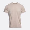 A plain short-sleeve crewneck t-shirt in a light beige or sand color, shown against a light gray background. PAIGE T-Shirt available at Sakks Menswear in Southampton.