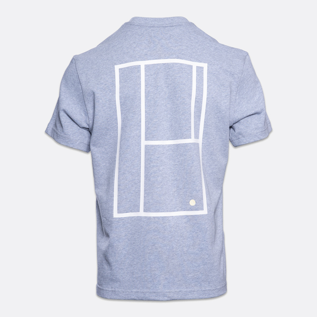 A heather light blue short-sleeve t-shirt shown from the back, featuring a large white minimalist tennis court graphic and a small white tennis ball icon near the bottom right of the design. PAIGE T-Shirt available at Sakks Menswear in Southampton.