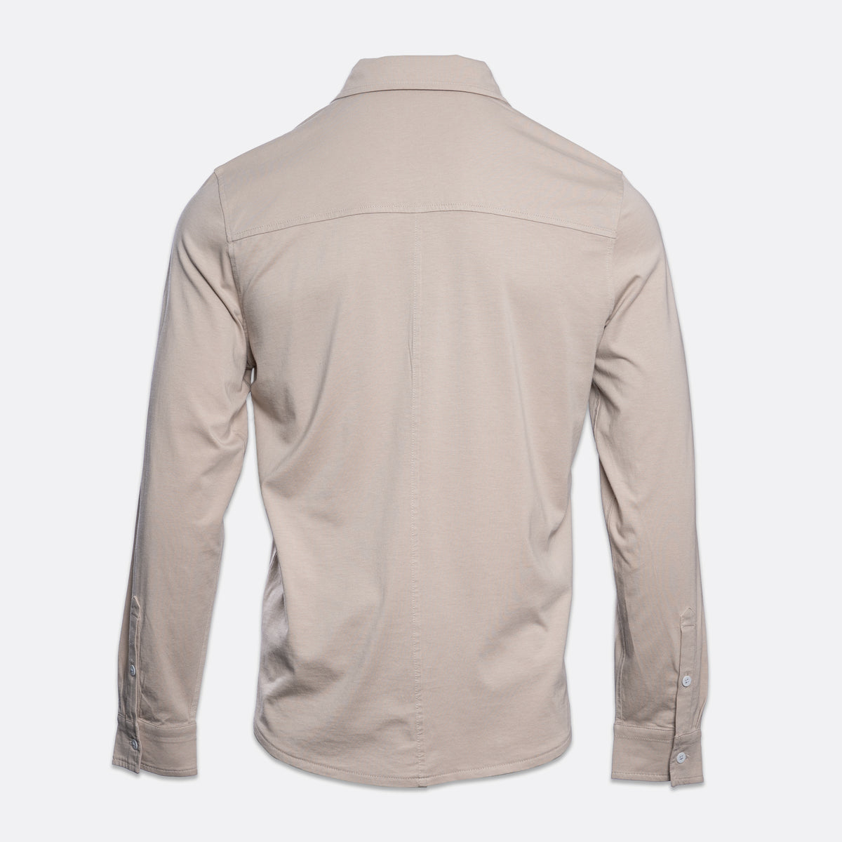 A light beige long-sleeve button-up shirt shown from the back, displayed on a clean, light gray background. PAIGE Shirt available at Sakks Menswear in Southampton.