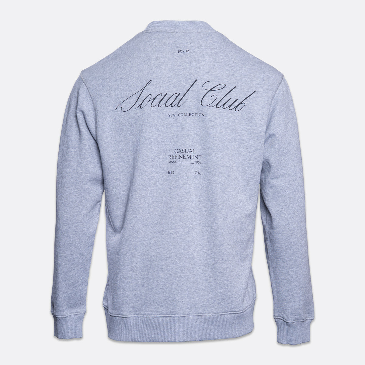 A light heather gray sweatshirt shown from the back, featuring 'Social Club' printed in a black cursive font with 'S.S.'. PAIGE Sweatshirt available at Sakks Menswear in Southampton.