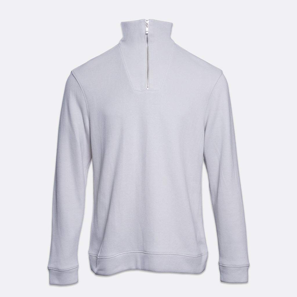 A light gray long-sleeve quarter-zip sweatshirt with a mock neck collar, shown from the back on a light gray background. PAIGE Sweatshirt available at Sakks Menswear in Southampton.