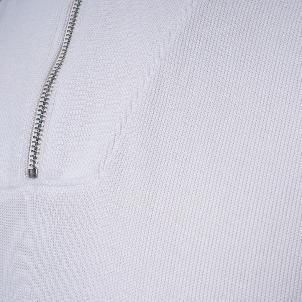 Close-up of a white textured knit garment with a silver metal zipper running vertically. PAIGE Sweatshirt available at Sakks Menswear in Southampton.
