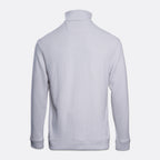 A light gray long-sleeve sweatshirt shown from the back, featuring a mock neck collar, ribbed cuffs, and a ribbed hem, set against a plain light gray background. PAIGE Sweatshirt available at Sakks Menswear in Southampton.