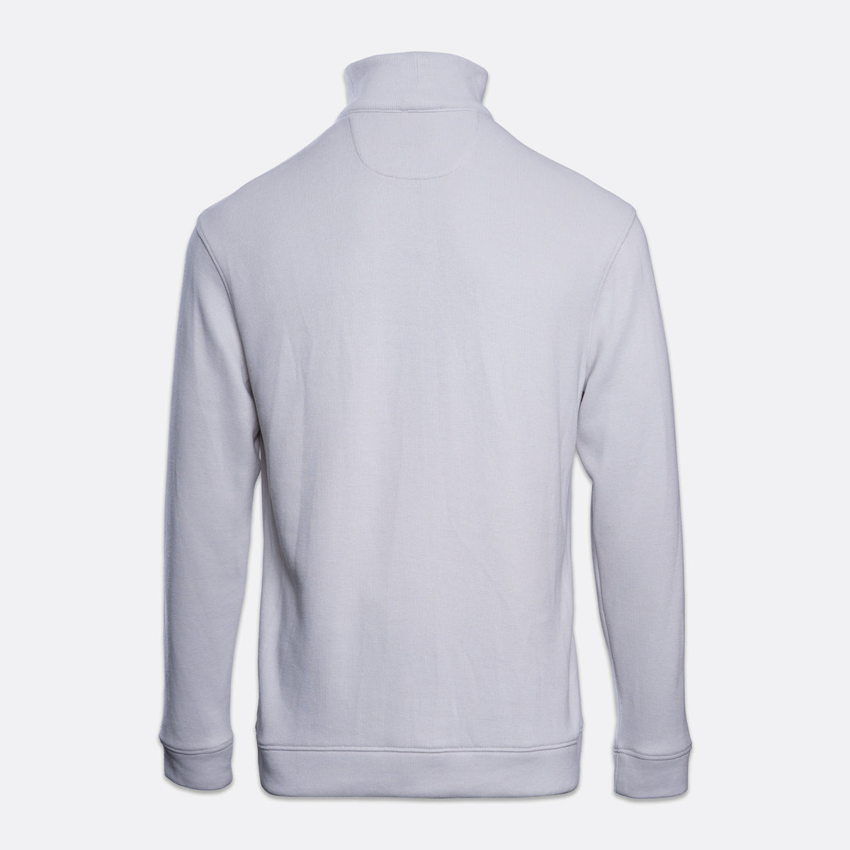 A light gray long-sleeve sweatshirt shown from the back, featuring a mock neck collar, ribbed cuffs, and a ribbed hem, set against a plain light gray background. PAIGE Sweatshirt available at Sakks Menswear in Southampton.