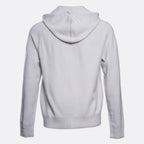 A light gray pullover hoodie shown from the back, featuring a classic hood, long sleeves, and ribbed cuffs and hem, displayed on a clean light gray background. PAIGE Hoodie available at Sakks Menswear in Southampton.