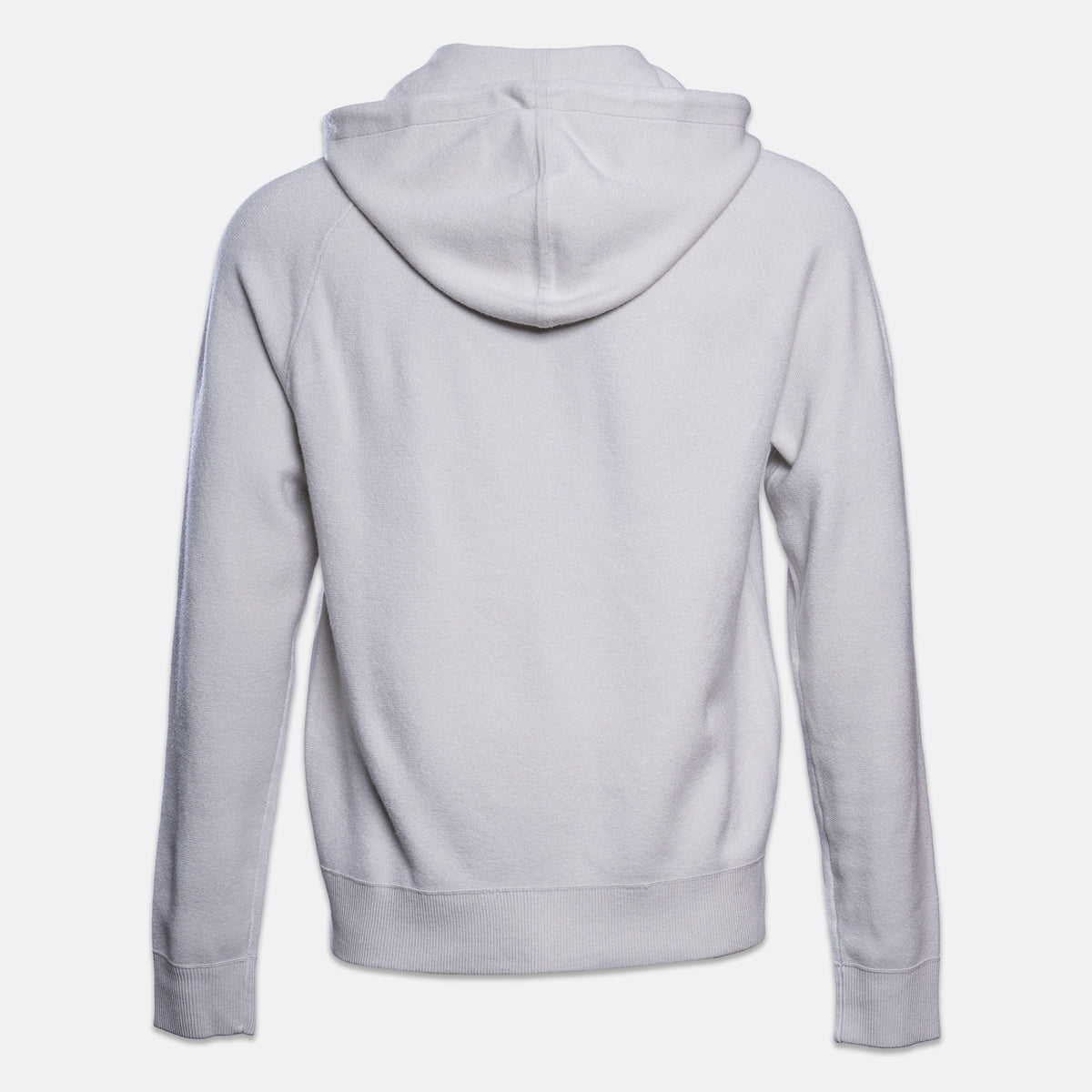 A light gray pullover hoodie shown from the back, featuring a classic hood, long sleeves, and ribbed cuffs and hem, displayed on a clean light gray background. PAIGE Hoodie available at Sakks Menswear in Southampton.