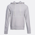 A light gray pullover hoodie with white drawstrings and a front kangaroo pocket, shown on a plain light gray background. PAIGE Hoodie available at Sakks Menswear in Southampton.