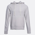 A light gray pullover hoodie with white drawstrings and a front kangaroo pocket, shown on a plain light gray background. PAIGE Hoodie available at Sakks Menswear in Southampton.