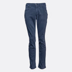 A pair of slim-fit blue jeans shown flat against a light gray background. PAIGE Jeans available at Sakks Menswear in Southampton.