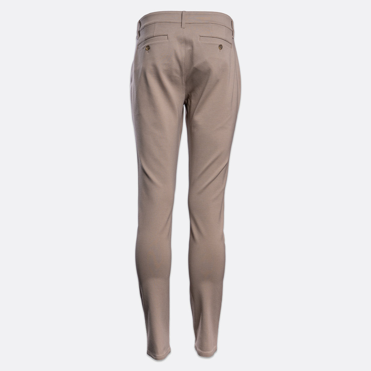 A pair of slim-fit trousers shown from the back, in a solid taupe-beige color, displayed on a clean light gray background. PAIGE Trousers available at Sakks Menswear in Southampton.