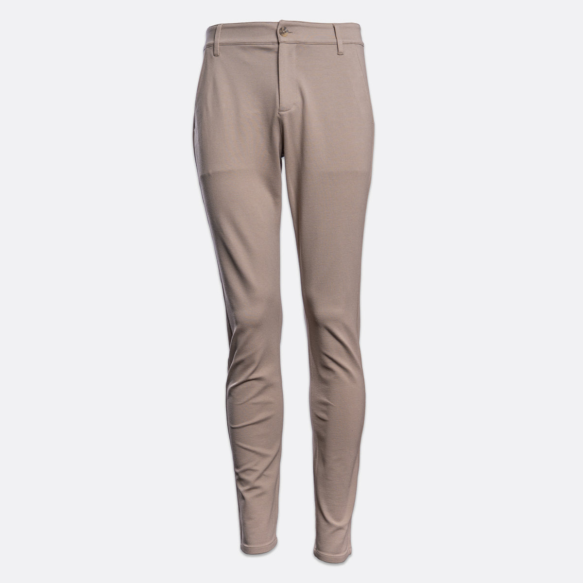 A pair of slim-fit, ankle-length trousers in a solid taupe-beige color, shown on a clean, light gray background. PAIGE Trousers available at Sakks Menswear in Southampton.