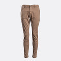 A pair of slim-fit chinos in a warm tan or khaki shade, displayed on a clean, light gray background. Replay Chino available at Sakks Menswear in Southampton.