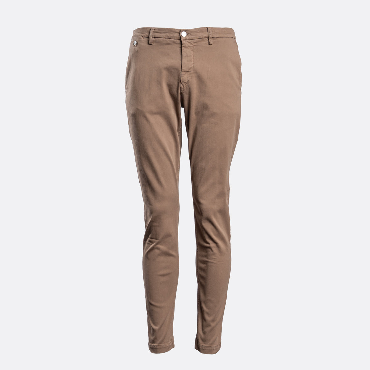 A pair of slim-fit chinos in a warm tan or khaki shade, displayed on a clean, light gray background. Replay Chino available at Sakks Menswear in Southampton.