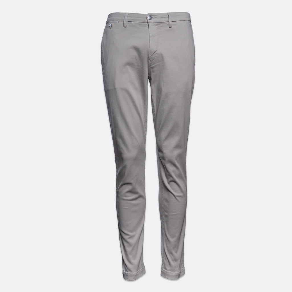 A pair of slim-fit, light gray chino pants shown on a clean, light gray background. Replay Chinos available at Sakks Menswear in Southampton.