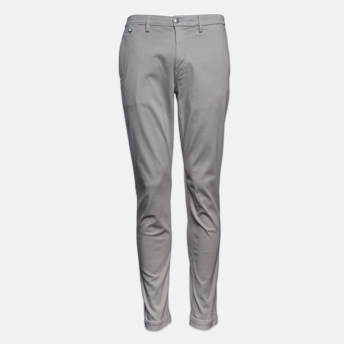 A pair of slim-fit, light gray chino pants shown on a clean, light gray background. Replay Chinos available at Sakks Menswear in Southampton.