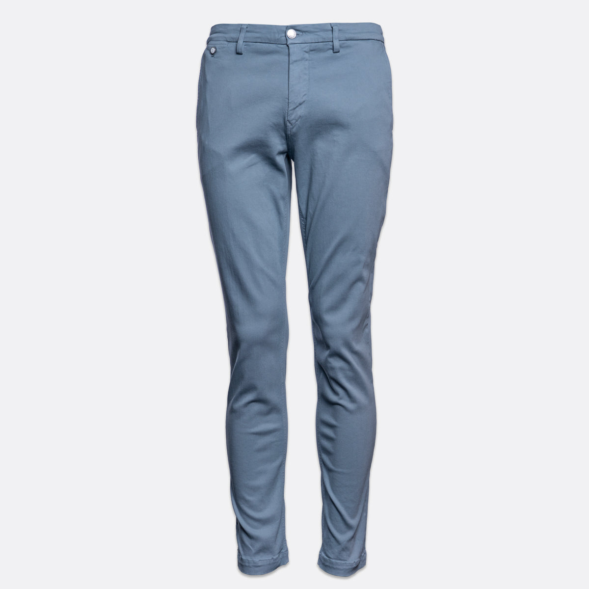 A pair of slim-fit blue chinos with a straight waistband and a single white button, shown against a plain light gray background. Replay Chinos available at Sakks Menswear in Southampton.