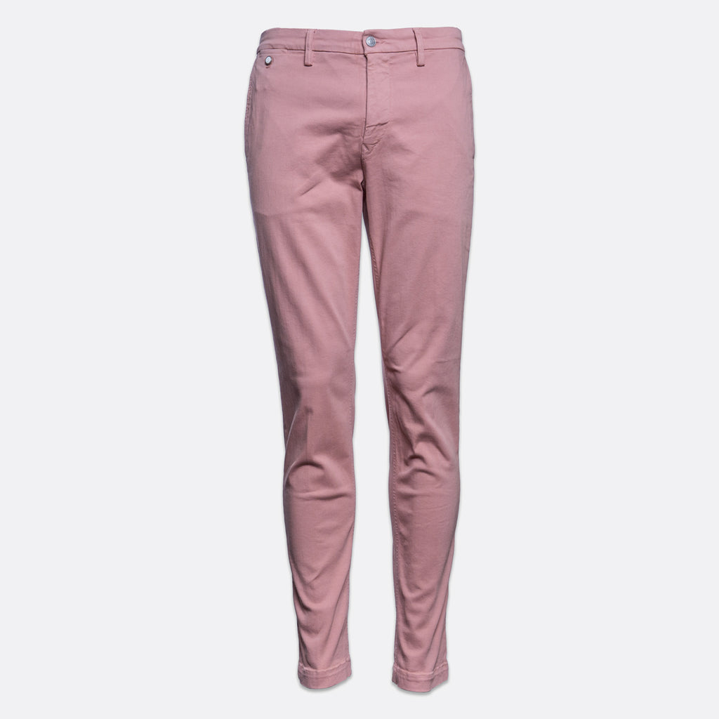 A pair of slim-fit, cropped pink chinos with a button fly and belt loops, shown on a plain light gray background. Replay Chinos available at Sakks Menswear in Southampton.