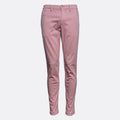A pair of slim-fit, cropped pink chinos with a button fly and belt loops, shown on a plain light gray background. Replay Chinos available at Sakks Menswear in Southampton.