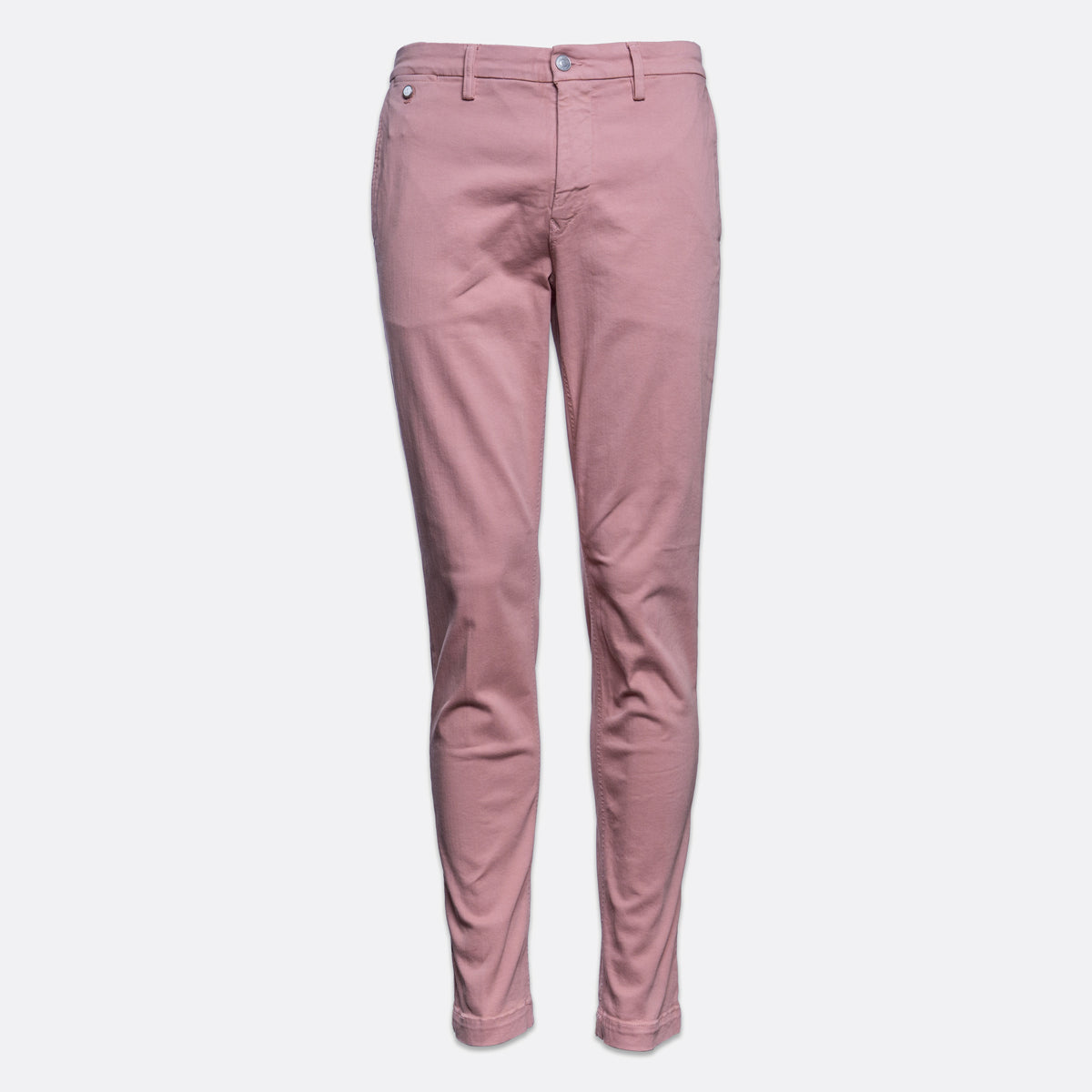 A pair of slim-fit, cropped pink chinos with a button fly and belt loops, shown on a plain light gray background. Replay Chinos available at Sakks Menswear in Southampton.