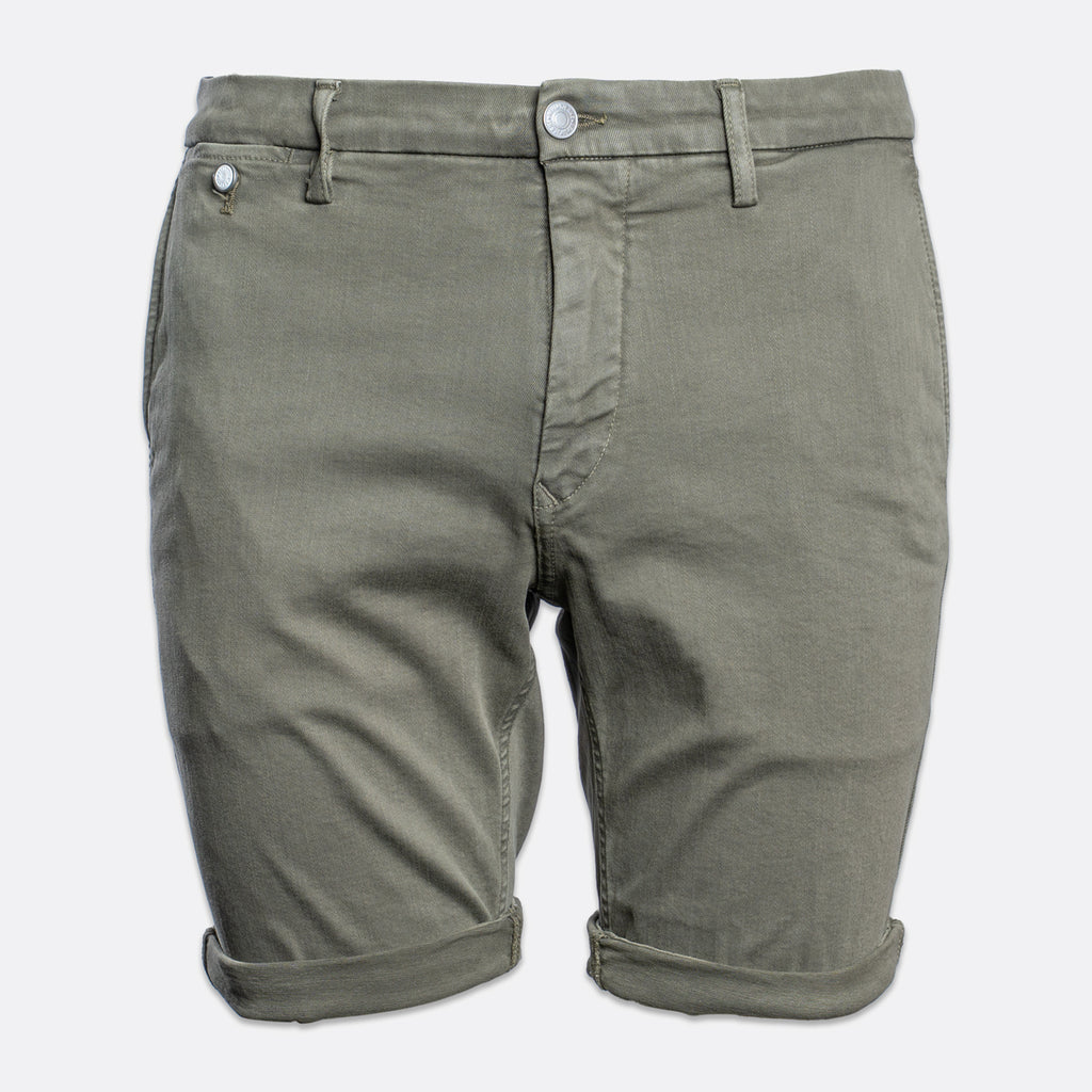 A pair of olive green chino shorts with rolled cuffs and silver metal buttons, shown against a plain light gray background. Replay Shorts available at Sakks Menswear in Southampton.