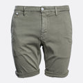 A pair of olive green chino shorts with rolled cuffs and silver metal buttons, shown against a plain light gray background. Replay Shorts available at Sakks Menswear in Southampton.