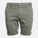 A pair of olive green chino shorts with rolled cuffs and silver metal buttons, shown against a plain light gray background. Replay Shorts available at Sakks Menswear in Southampton.