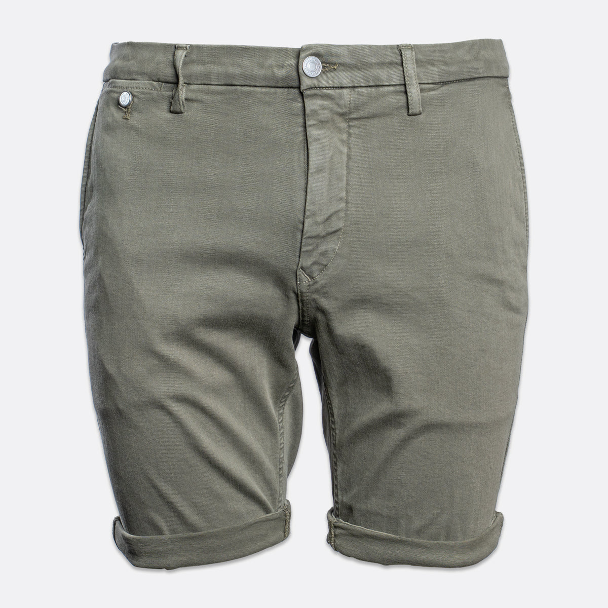A pair of olive green chino shorts with rolled cuffs and silver metal buttons, shown against a plain light gray background. Replay Shorts available at Sakks Menswear in Southampton.