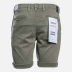 Back view of olive green Replay HyperLex Color Edition shorts with a white product tag attached to the back pocket. Replay Shorts available at Sakks Menswear in Southampton.