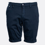 A pair of dark navy blue chino shorts with a rolled hem and silver metal buttons, shown against a plain light gray background. Replay Shorts available at Sakks Menswear in Southampton.