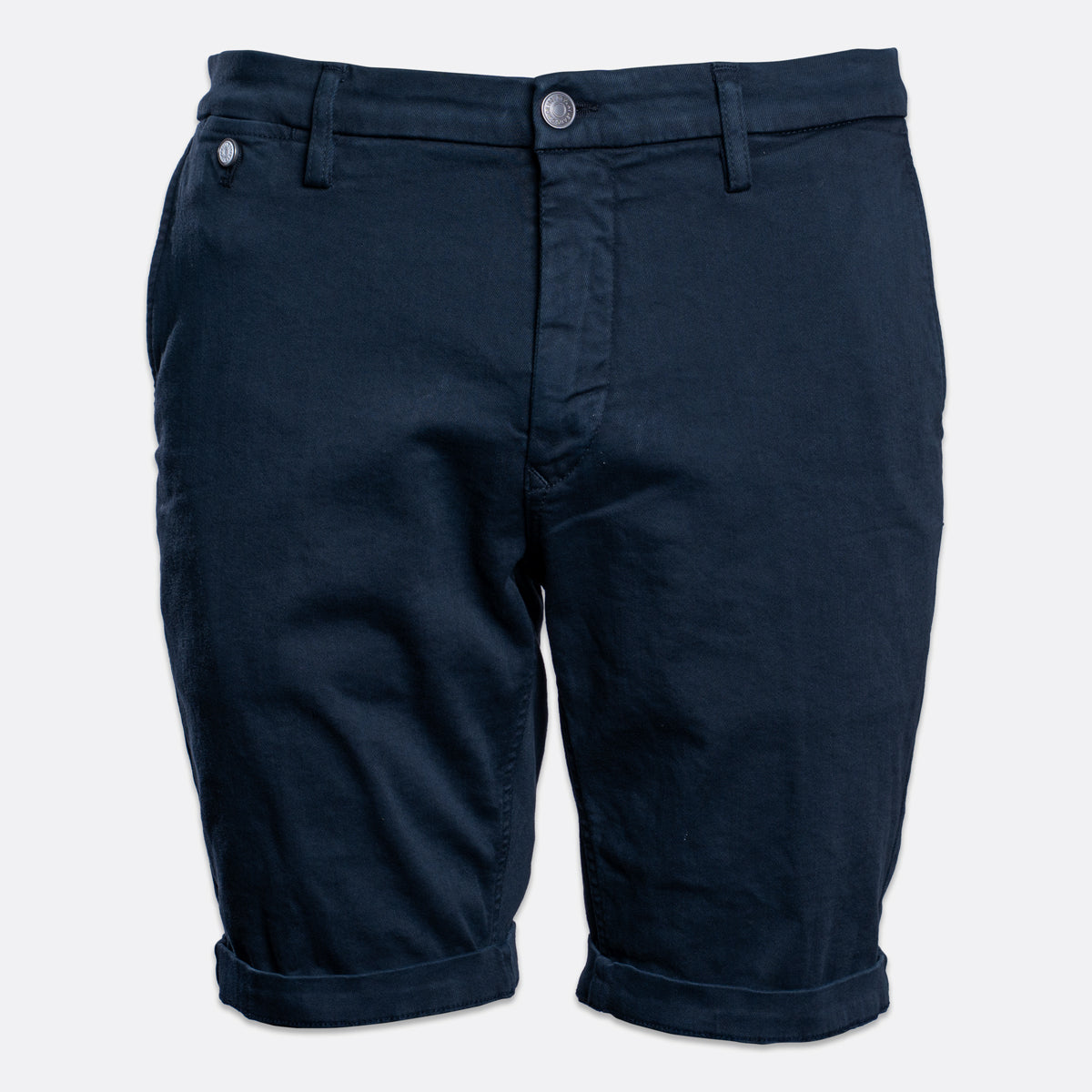 A pair of dark navy blue chino shorts with a rolled hem and silver metal buttons, shown against a plain light gray background. Replay Shorts available at Sakks Menswear in Southampton.