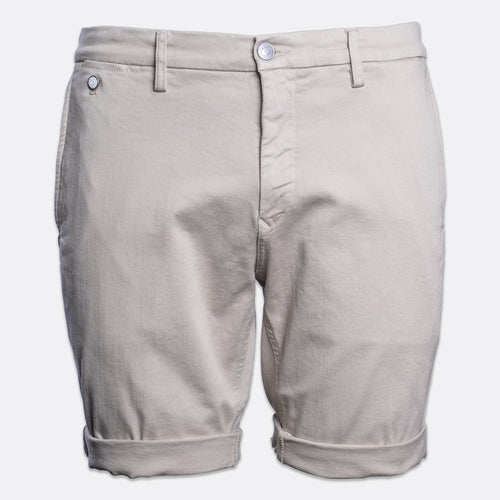 A pair of light beige chino shorts with a button closure and rolled cuffs, shown against a plain light gray background. Replay Shorts available at Sakks Menswear in Southampton.