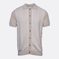 A short-sleeve knit polo shirt in a light beige color, featuring vertical textured stripes and a button-up front, shown against a plain light gray background. Sand Copenhagen Polo available at Sakks Menswear in Southampton.