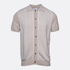 A short-sleeve knit polo shirt in a light beige color, featuring vertical textured stripes and a button-up front, shown against a plain light gray background. Sand Copenhagen Polo available at Sakks Menswear in Southampton.