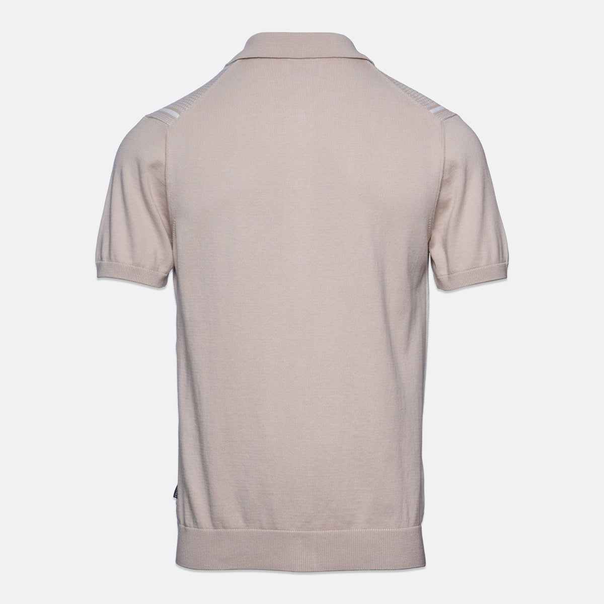 A light beige short-sleeve polo shirt shown from the back, featuring subtle white stripe details on the shoulders, set against a plain light gray background. Sand Copenhagen Polo available at Sakks Menswear in Southampton.