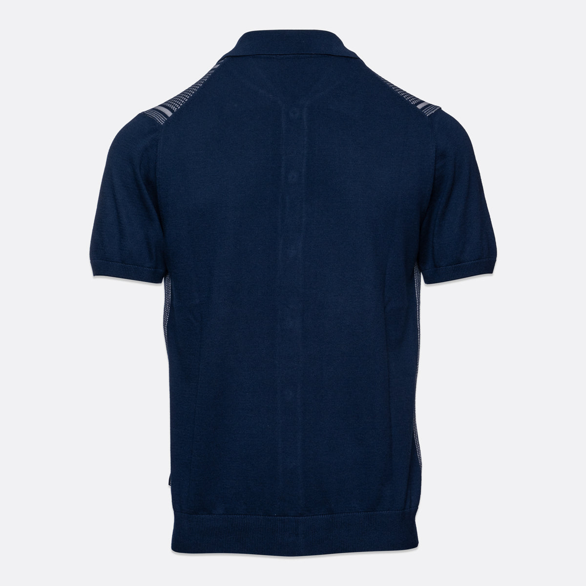 A navy blue short-sleeve knit polo shirt shown from the back, featuring textured shoulder panels and a buttoned back, on a light gray background. Sand Copenhagen Polo available at Sakks Menswear in Southampton.