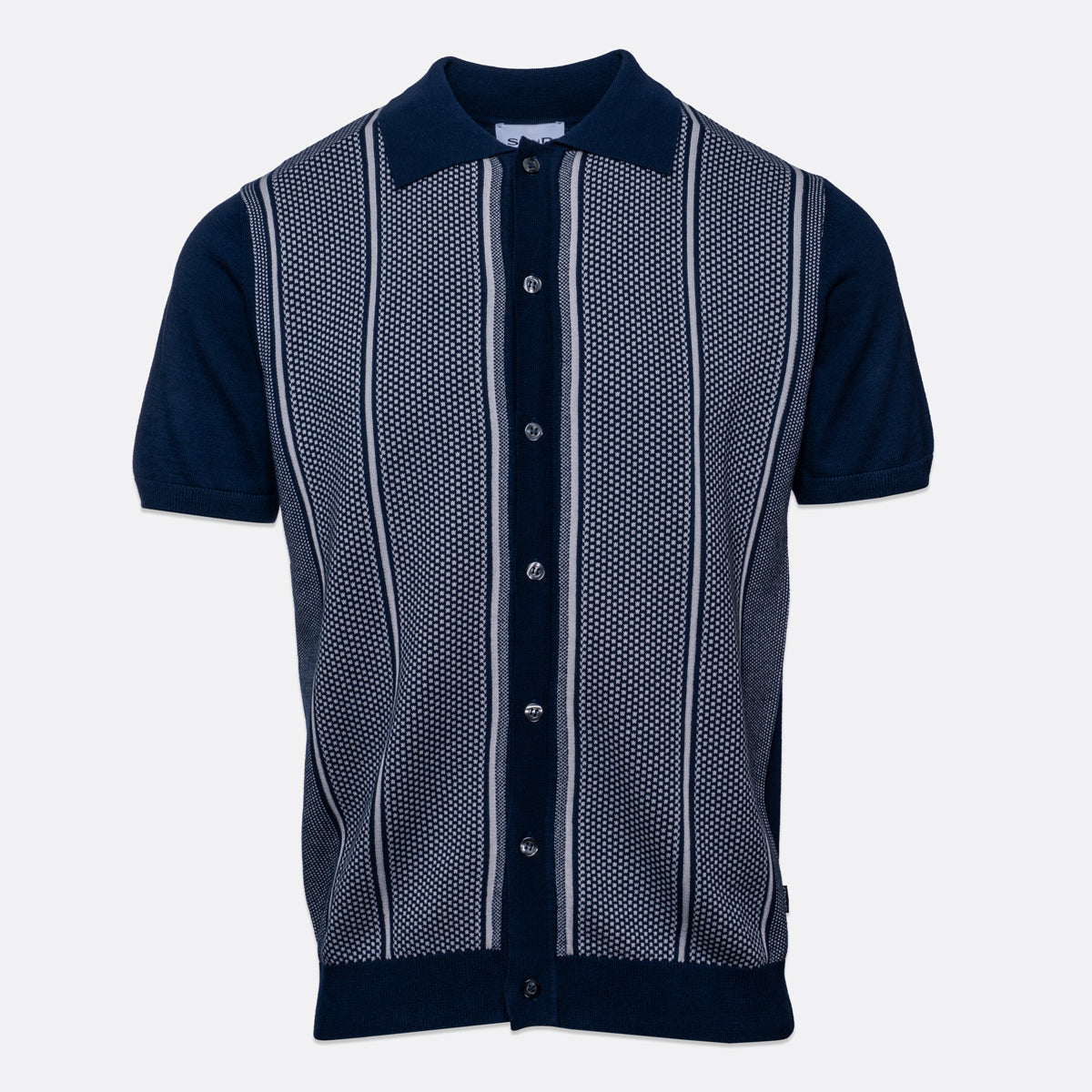 A short-sleeve knit polo shirt in navy blue and gray, featuring vertical striped panels with a fine mesh pattern and a solid navy collar, placket, and cuffs. Sand Copenhagen Polo available at Sakks Menswear in Southampton.