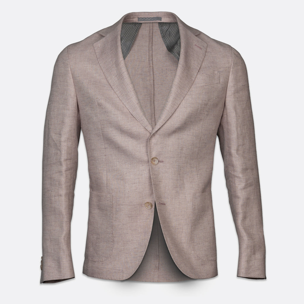 A men's single-breasted blazer in a textured light taupe-beige fabric, featuring notch lapels, two brown buttons, and a subtle woven pattern on the inner lining, shown against a plain white background. Sand Copenhagen Blazers available at Sakks Menswear in Southampton.
