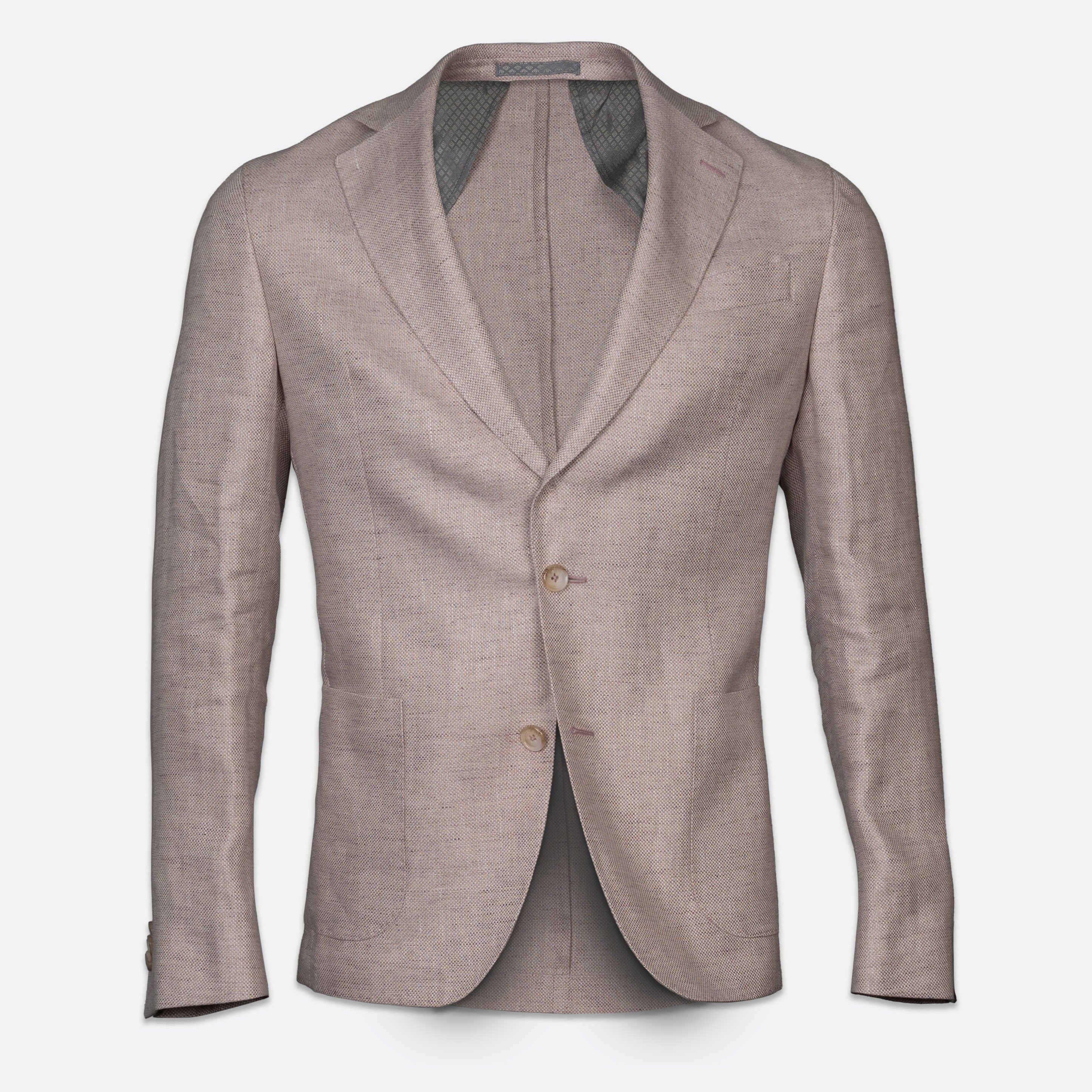 A men's single-breasted blazer in a textured light taupe-beige fabric, featuring notch lapels, two brown buttons, and a subtle woven pattern on the inner lining, shown against a plain white background. Sand Copenhagen Blazers available at Sakks Menswear in Southampton.